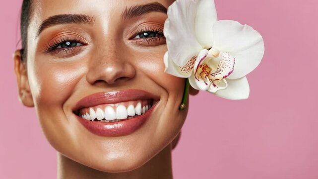 A woman smiles brightly with an orchid behind her ear, showcasing a healthy, radiant complexion