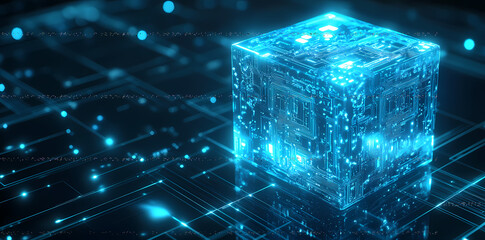 A cube-shaped box with circuit board patterns glowing blue and illuminated by light rays on the surface, set against an abstract digital background of geometric shapes and lines. AI .