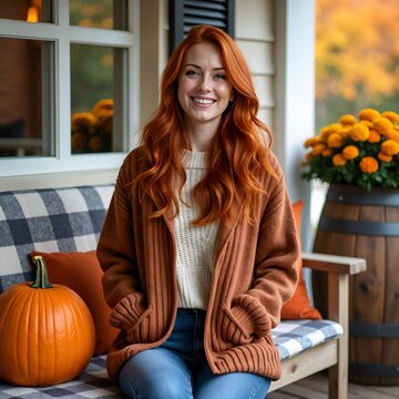 Cozy autumn scene with happy redhead woman on a porch bench, thanksgiving, halloween