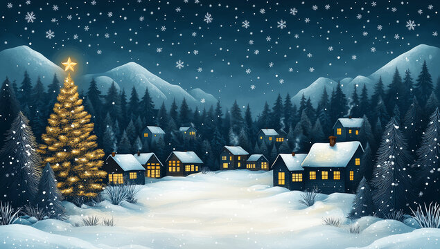 Dans une illustration festive de No&euml;l, un charmant village enneig&eacute; brille sous un ciel &eacute;toil&eacute;, avec des maisons d&eacute;cor&eacute;es, un bonhomme de neige souriant et le P&egrave;re No&euml;l.