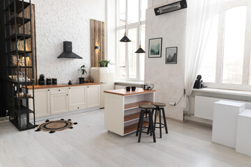 Modern minimalist kitchen with natural light and plants in a spacious apartment