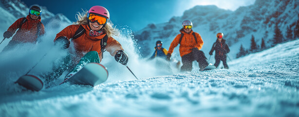 Lors d'une sortie de ski hors piste, une famille s'amuse dans la poudreuse, avec des enfants jouant et des snowboarders s'&eacute;lan&ccedil;ant sur les pentes, incarnant le bonheur et l'esprit actif de l'hiver dan