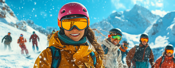 Une skieuse souriante portant un casque d&eacute;vale une pente enneig&eacute;e avec son partenaire, tous deux profitant de l'hiver actif, entour&eacute;s de leur famille.