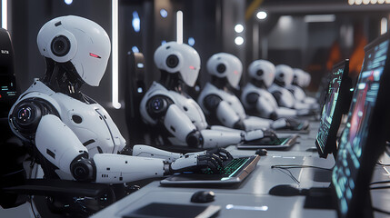 A group of white humanoid robots stand in front of a screen, with a futuristic sci-fi style and cyberpunk design elements. They have orange details on their bodies, dressed as space-age soldiers stand