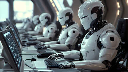 Fototapeta premium 4 robots standing in front of the control panel inside an open space station, with a white and orange color theme, in a futuristic style, photorealistic, hyperrealistic, cinematic, like a movie scene,