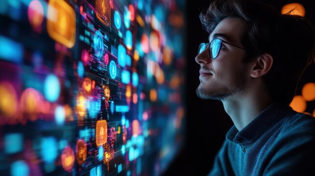 Programmer looking at futuristic holographic interface with big data connection network