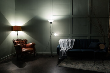 Cozy interior with a leather armchair, modern sofa, and warm lighting in a softly lit living room...