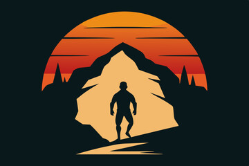 Cave Exploration Silhouette on Retro Vintage Background 
