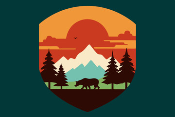 National Park Landscape Silhouette with Wildlife on Retro Vintage Background