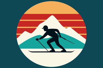 Skiing Down a Snowy Slope Silhouette on Retro Vintage Background