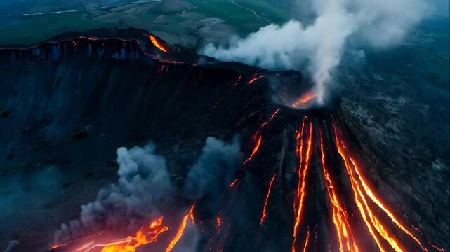 Aerial view of a volcanic eruption