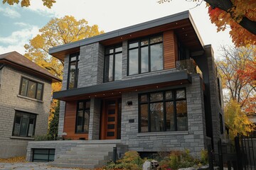 Wide-angle view of a modern Montreal home with grey stone and wood accents, against a backdrop of autumn colors