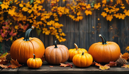Mehrere K&uuml;rbisse und Herbstbl&auml;tter liegen auf dunklem Holz, Platz f&uuml;r Text,  Generative KI
