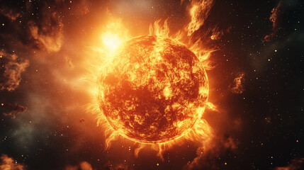 A close up of a sun with a lot of fire around it. The sun is surrounded by a lot of stars and the sky is dark