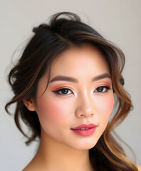 Naklejka premium Close-up of a woman with elegant makeup and soft curls, exuding grace and sophistication. The warm lighting enhances her natural beauty.