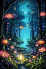 A beautiful magical forest, like in children's fairy tales.