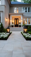 Naklejka premium A welcoming home features a stone walkway illuminated by lanterns, surrounded by greenery and white flowers, creating an inviting atmosphere at dusk