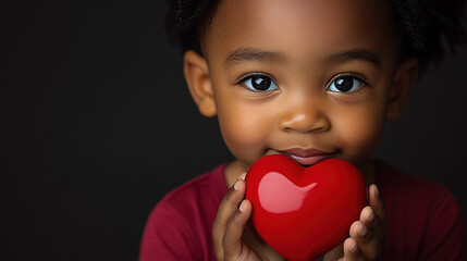 Little black boy holding red heart in hands. Love, help, social responsibility, donation, charity, volunteering, gratitude, appreciate, world heart day, giving Tuesday concept