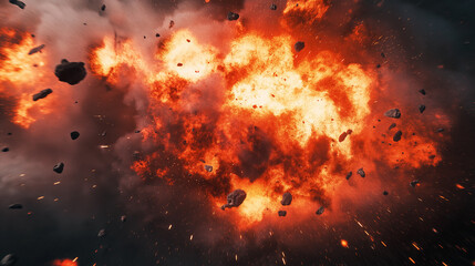 A fiery explosion with a lot of debris and rocks. The image is in black and white and has a very dramatic and intense mood