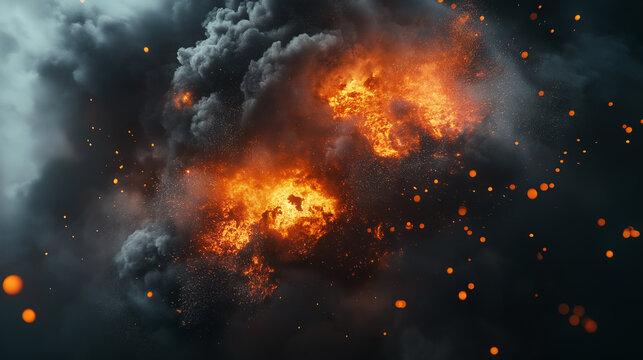 A fiery explosion in the sky with a lot of smoke and fire. The image is dark and intense, with a sense of danger and destruction