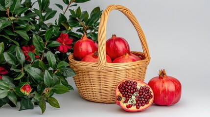 The arrangement features a wicker basket brimming with ripe pomegranates, including sliced ones revealing glistening seeds against a pure white backdrop