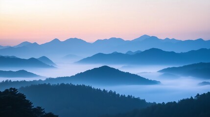Obraz premium Mountain range misty peaks bathed dawn light vignetting clouds cinematic landscape. AI generated
