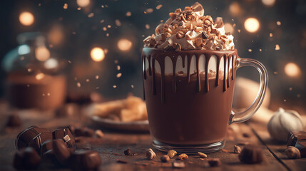 A mug of hot chocolate with whipped cream on top. The whipped cream is drizzled down the side of the mug. The image has a cozy and comforting mood, perfect for a cold winter day