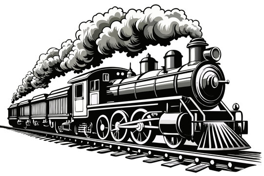 vintage steam locomotive with passenger cars, Railway locomotive, wagons silhouette with passengers (3) - Classic Steam Train Illustrations for Vintage Transport Enthusiasts