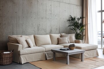 Fototapeta premium photo of a chic living room with a beige sofa and coffee table set against a concrete wall, ideal for modern home decor