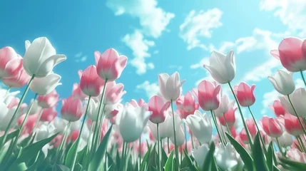 Gordijnen Omber pink and white tulips blooming in the field with blue sky background © mizan