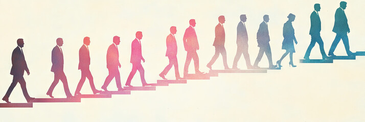Silhouettes of people walking up a staircase, representing progress and success.