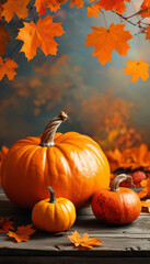 Naklejka premium Kürbisse liegen auf einem Boden, umgeben von fallenden orangefarbenen Herbstblättern vor einem unscharfen Hintergrund in Braun- und Beigetönen. Platz für Text. 9:16 Hochformat Generative KI