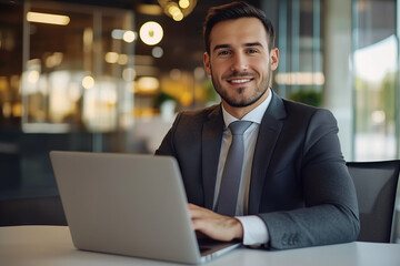 Confident Businessman Working on Laptop in Modern Office