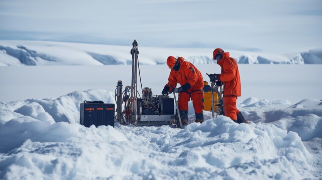 Researchers drilling ice glaciers extracting core samples to investigate climate change history. AI generated - Powered by Adobe