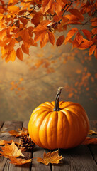 Naklejka premium Kürbisse liegen auf einem Boden, umgeben von fallenden orangefarbenen Herbstblättern vor einem unscharfen Hintergrund in Braun- und Beigetönen. Platz für Text. 9:16 Hochformat Generative KI