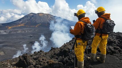 Researchers studying volcanic eruptions equipment near research station monitoring seismic activity. AI generated