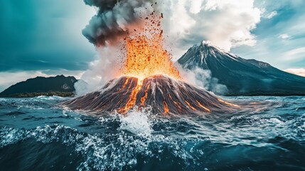Erupting volcano deep underwater magma flowing glowing cooling lava aquatic. AI generated