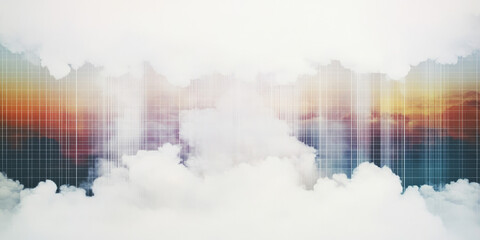 Abstract grid pattern overlayed on a cloudy sky with a sunset.