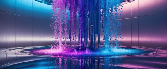 Vibrant water fountain cascading blue and purple streams in modern indoor setting, creating a serene and artistic atmosphere.