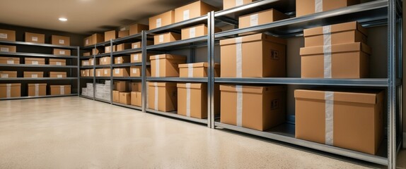 Image features organized storage area with neatly stacked boxes on shelves, highlighting efficiency and modern design in a warehouse setting.