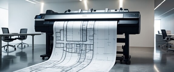 Large-format printer displaying architectural blueprints in a modern office setting, emphasizing technology and design workflow.