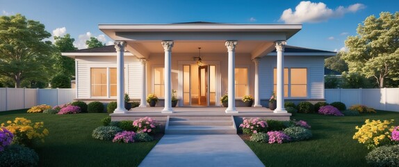 Modern house with inviting porch, surrounded by vibrant flowers and greenery under a clear blue sky, creating a peaceful atmosphere.