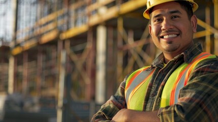 A Hispanic male construction worker in his 30s wearing a yellow hard hat and reflective vest stands on a bustling construction site smiling confidently while cranes tower overhead