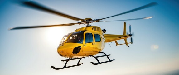 Yellow helicopter flying against blue sky, showcasing aviation technology and speed, ideal for travel and adventure themes.