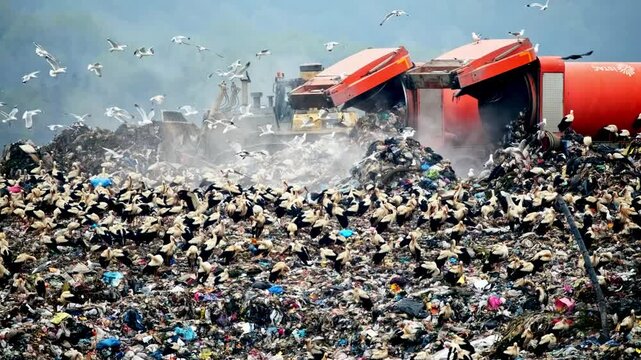 This video shows birds, including seagulls and storks, scavenging in a city landfill while garbage trucks unload waste. Ideal for themes related to ecology and environmental issues.