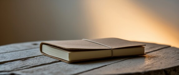 Notebook resting on wooden surface, illuminated by warm light, evokes creativity and reflection. Ideal for writing, journaling, or planning.