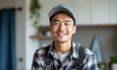 Smiling Asian Plumber Blue Collar Worker Vocation
