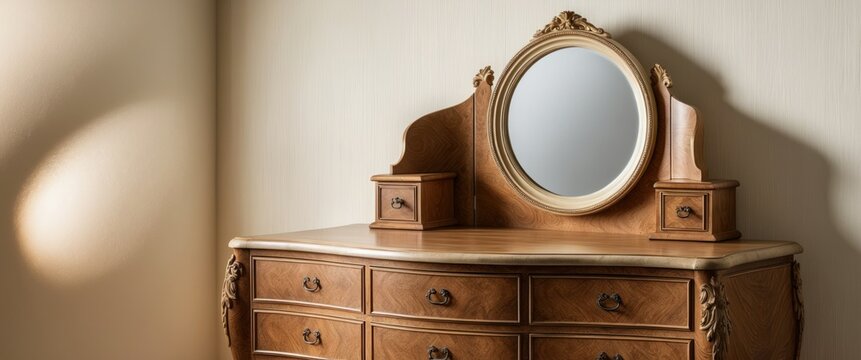Elegant wooden dresser with a mirror, showcasing vintage craftsmanship and rich texture. Ideal for home decor and interior design enhancement.