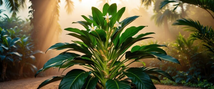 Fototapeta Lush green plant with flowers under soft sunlight, creating a serene atmosphere in a tropical garden, ideal for themes of wellness and tranquility.