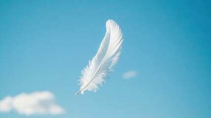 Obraz premium A white feather floating in a cloudless sky against a blue background
